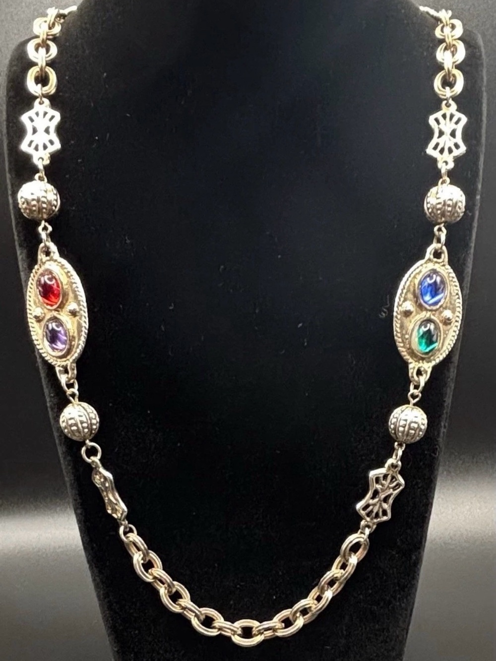 Vintage 18” Gold Tone Station Necklace with Colorful Gemstones